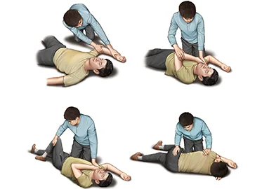 의식 없는 환자를 회복자세로 옮기는 과정을 단계별로 설명한 그림